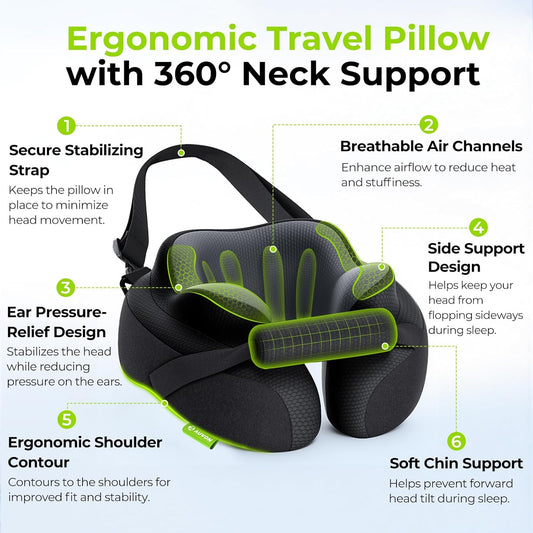 AUVON Travel Neck Pillow for Airplane with Seat Straps to Secure Head & Neck for Relaxing Sleep on Long Flights, Ear-Friendly Design, Supportive Memory Foam Neck Pillow, Breathable Fabric, Carry Case