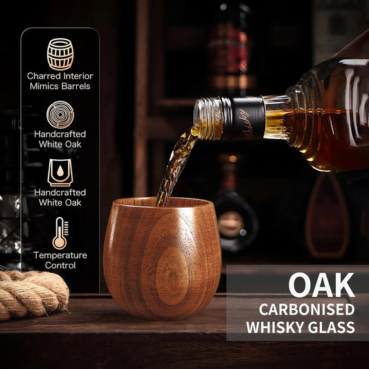 Wooden Whiskey Glass Gifts for Men - Charred Wood Bourbon Whiskey Glasses, Perfect for Men Who Have Everything, Gift for Dad or Boyfriend on Father's Day, Birthday, Christmas, Thanksgiving