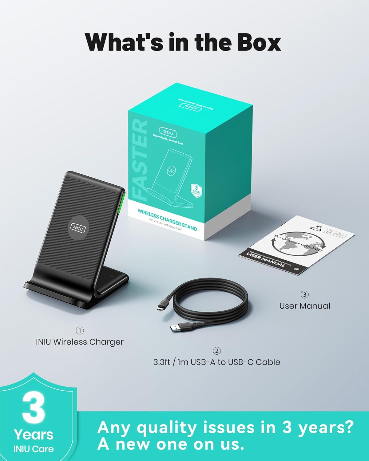INIU Wireless Charger, 15W Fast Wireless Charging Stand with Sleep-Friendly Adaptive Light for iPhone 17 16 15 14 13 12 Pro Max Plus Samsung Galaxy S23 S22 Ultra S21 Note 20 Google etc