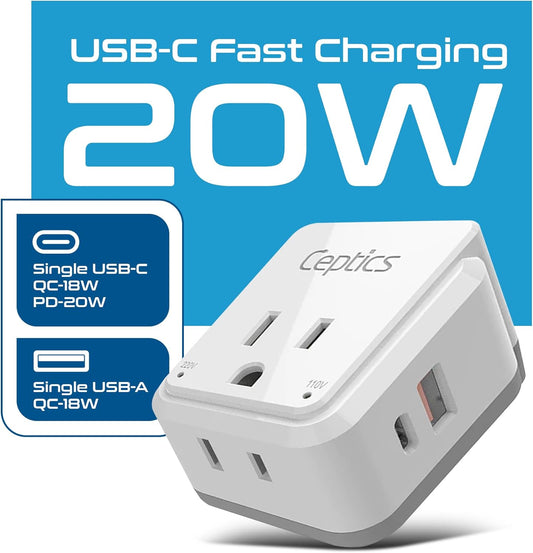 Ceptics International Travel Plug Adapter Set (Type A, B, C, D, E/F, G, H, I, J, K, L, M, N) - 4 in 1 - 2 Canadian Socket - 1 USB & 1 USB-C (3.1A) - Compact & Powerful (PAK-ALL)