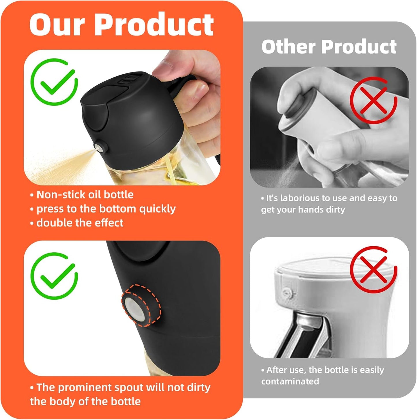 TrendPlain 470ml Olive Oil Spray Bottle for Kitchen Gadgets - 2 in 1 Olive Oil Dispenser Bottle and Air Fryer Accessories for Cooking, Salad and BBQ - Black