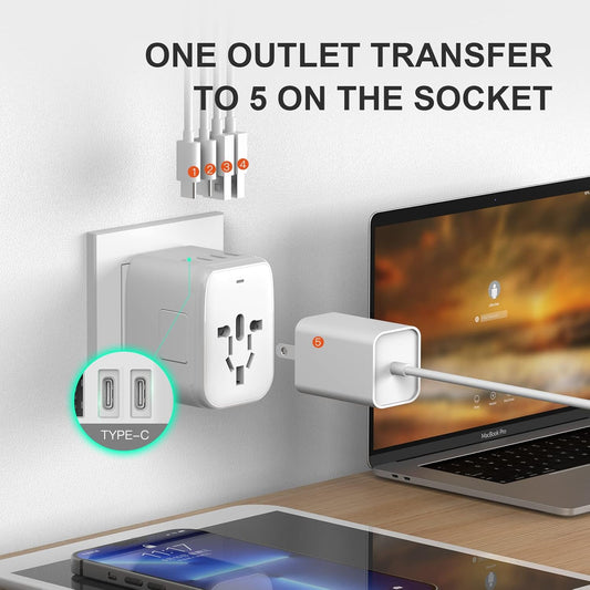 VYLEE Universal International Power Travel Plug Adapter, 5 in 1 European Travel Plug Adapter W/ 3.5A 2xUSB-A and 2xUSB C Wall Charger and Worldwide AC Outlet for Europe USA UK AUS Asia (White)