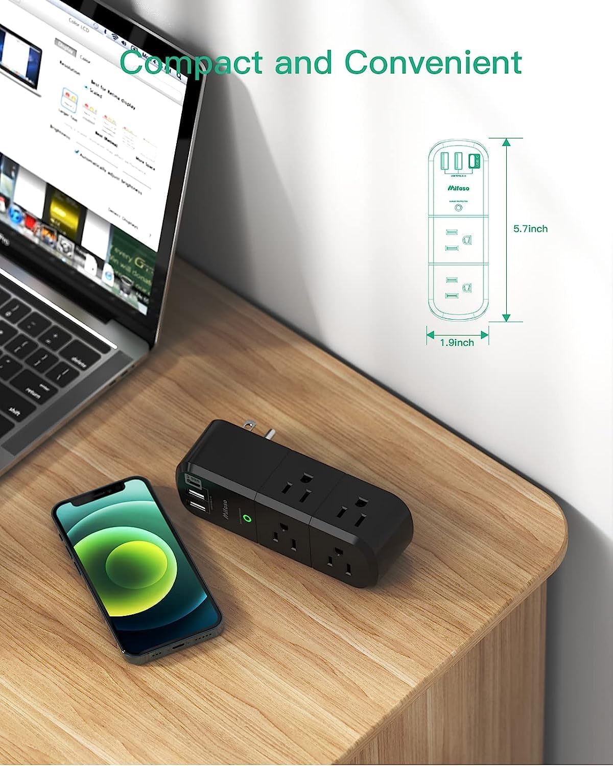 USB Outlet Extender Surge Protector - with Rotating Plug, 6 AC Multi Plug Outlet and 3 USB Ports (1 USB C), 3-Sided Swivel Power Strip with Spaced Outlet Splitter for Home, Office, Travel (Black)