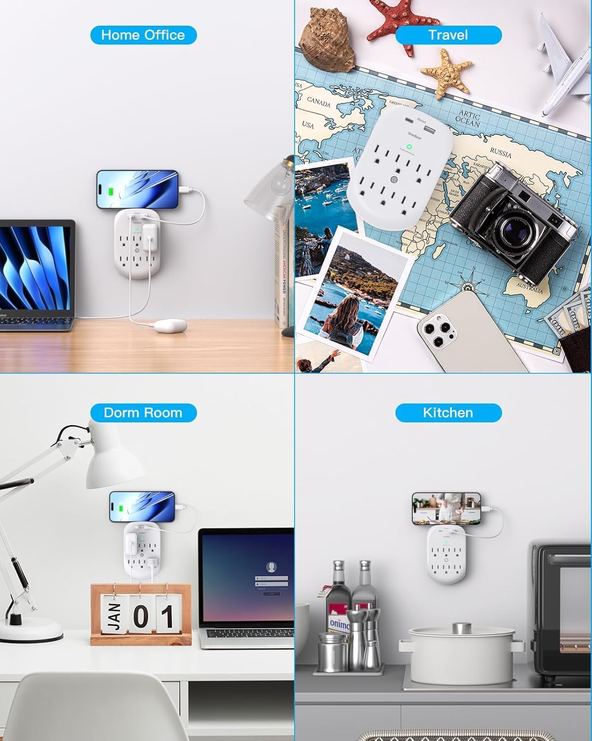 2 Pack 6-Outlet Wall Surge Protector, Multi Plug Outlet Extender, Outlet Wall Mount Adapter with 2 USB Charging Ports 2.4 A, 490 Joules for Home, School, Office