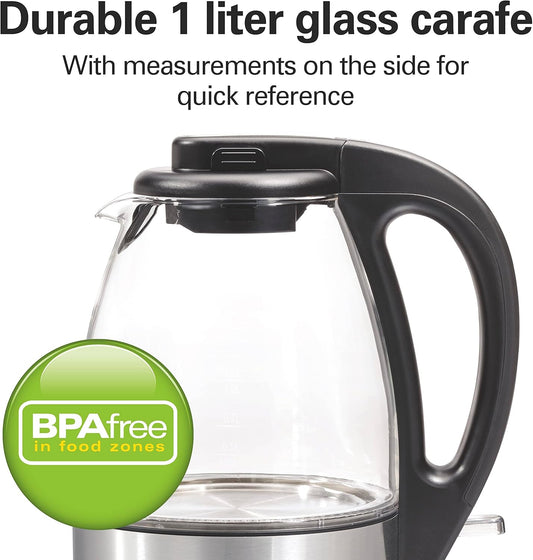 Hamilton Beach Glass Electric Kettle, 1 L, 1500W Fast Boiling Water Boiler, Cordless, Soft Blue LED Light, Auto Shutoff & Boil-Dry Protection, BPA-Free, Compact Size (40930JC)