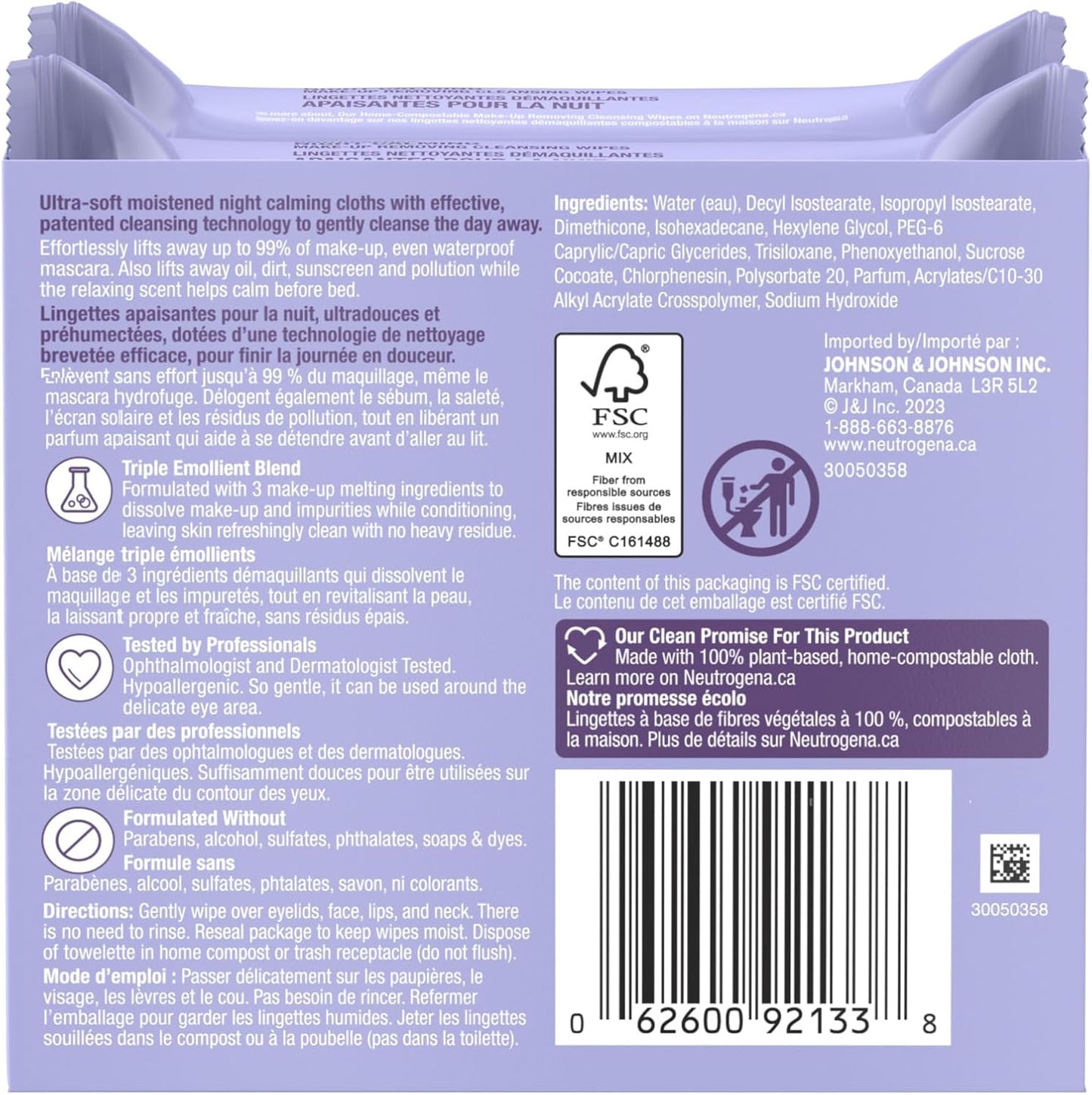 Neutrogena Night Calming Makeup Remover Face Wipes, 100% Plant-Based Cloth Hypoallergenic Nighttime Cleansing Towelettes, Remove Waterproof Makeup, Dirt & Oil, Dermatologist Tested, 50 Count (2 x 25 Count)