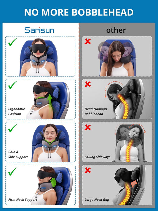 SARISUN Travel Pillow, Neck Pillow for Airplane with Strap, Combo with 3D Eye Mask for Sleep, Dual-Density Supportive Foam Neck Pillow Travel for Airplane Flights, Car Trip Travel Essentials Black