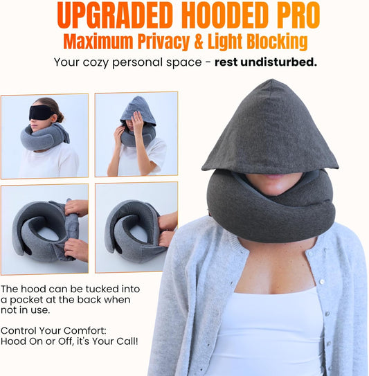 Hooded Pro Travel Pillow - Memory Foam Neck Support Pillow with Hood for Airplane, Flight - 100% Cotton Fabric, Maximum Privacy & Light-Block Design, Lightweight Full Travel Kit - Dark Grey