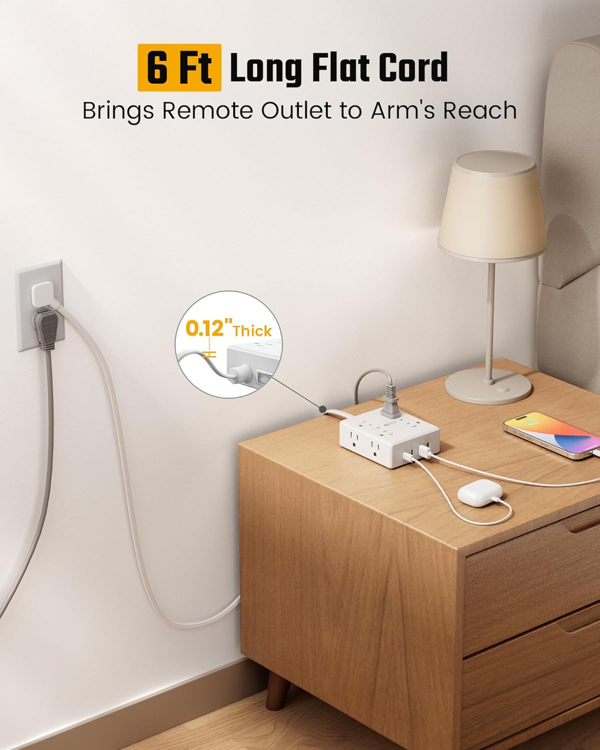 Surge Protector Power Bar, SUPERDANNY 6 Ft Extension Cord with 8 Outlets & 4USB Ports (2 USB 2 C), Mountable Flat Plug Power Strip, Surge Protection for Home, Office, Dorm
