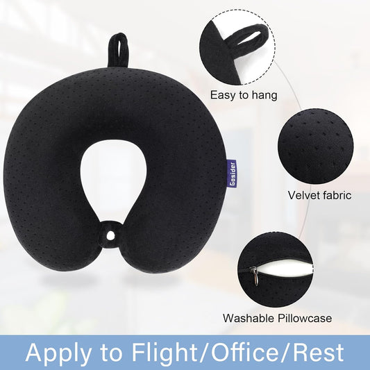 Black Travel Neck Pillow Memory Foam Airplane Pillow for Neck and Head Support Soft Portable U Shape Neck Pillow for Plane, Car & Home Office Use