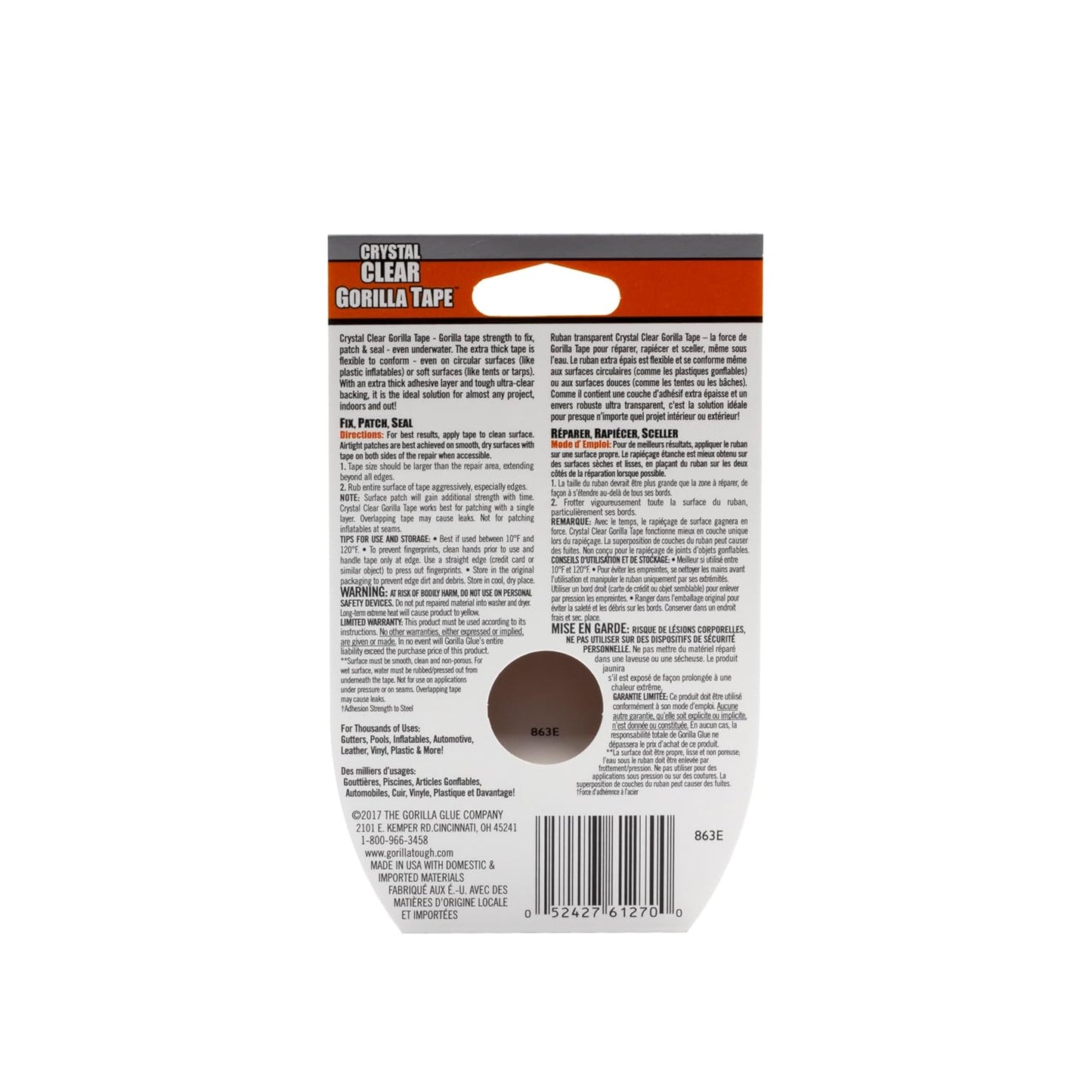 Gorilla Crystal Clear Tape, Duct, Utility, Non-Yellowing, Heavy Duty, Extra Thick Adhesive, Flexible, UV Temperature Resistant, 1.88 in x 27 ft, (Pack of 1), 6127002