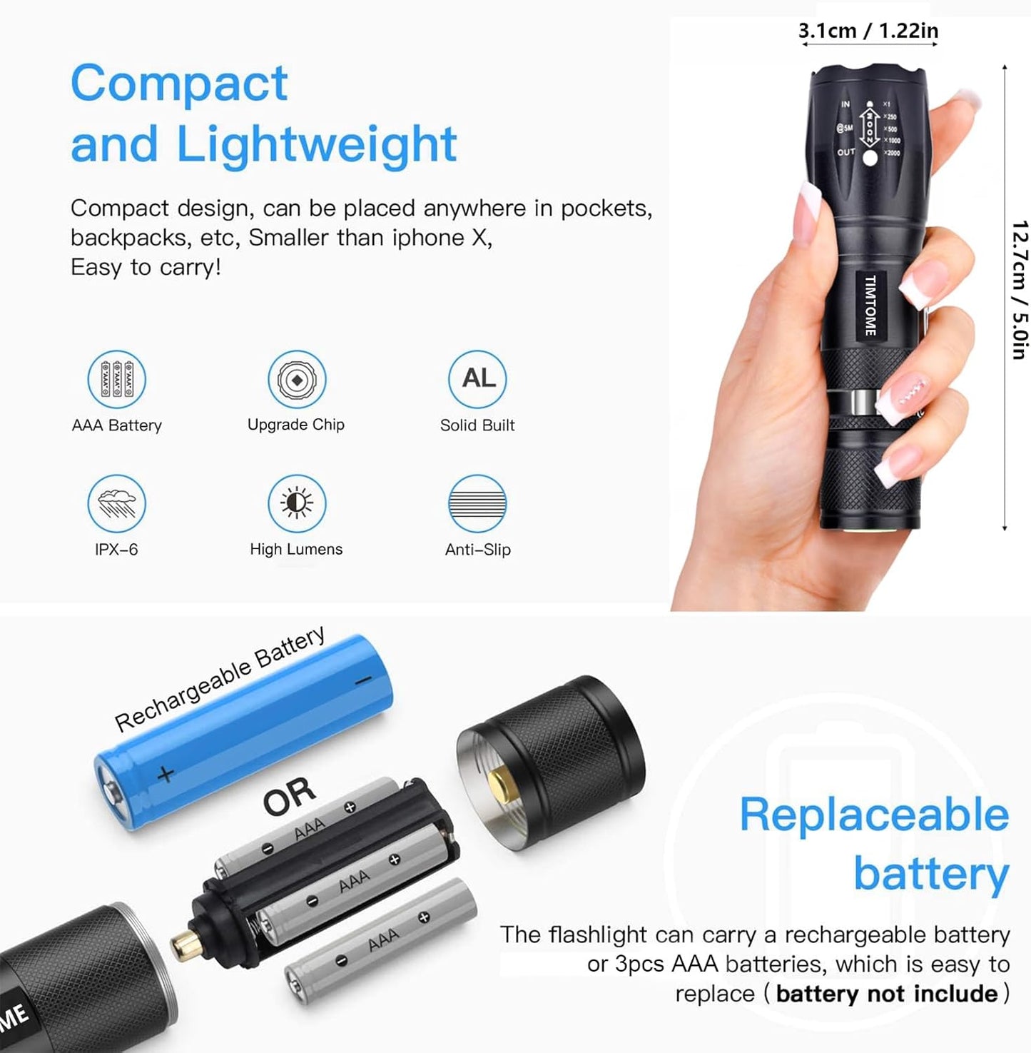LED Flashlight, Ultra Bright XML T6 Handheld Flashlights - High Lumen, Zoomable, 5 Modes, Water-Resistant - Perfect for Camping Biking Home Emergency or Gift-Giving(2 Pack)
