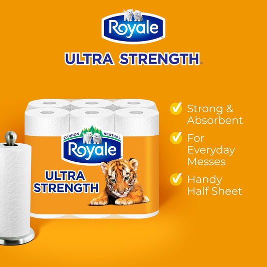 Royale Tiger Strong Paper Towel, 3 Double Equal 6 Rolls, 98 Half Sheets per Roll, White