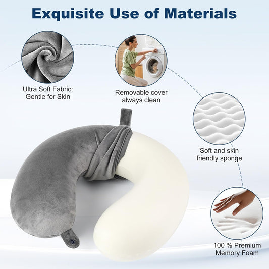 Travel Pillow - Memory Foam Neck Pillow Support Pillow,Luxury Compact & Lightweight Quick Pack for Camping,Sleeping Rest Cushion (Grey)