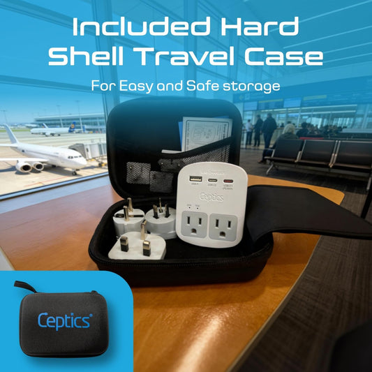 Ceptics World Travel Adapter Kit - 2 USB + 2 US Outlets, Surge Protection, Plug for Europe, UK, China, Australia, Japan - Perfect for Laptop, Cell Phones (Does Not Convert Voltage) (WPS-2B+)