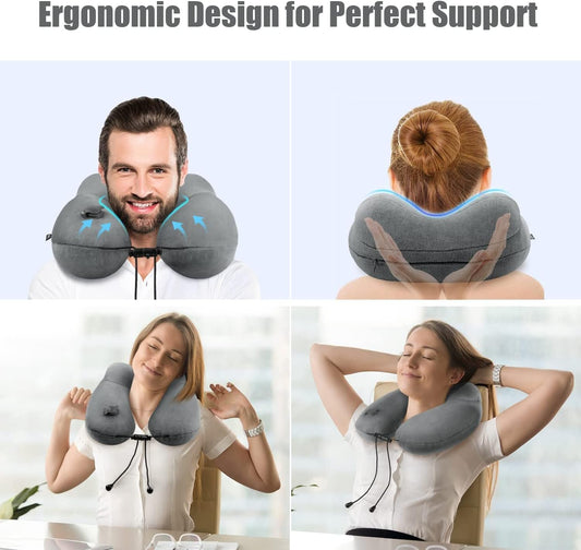 Inflatable Travel Neck Pillow for Airplanes, Super Soft Velvet Neck Support, Adjustable Firmness, Blow Up Plane Pillow for Long Flights, Road Trips, Travel Essentials with Eye Mask, Earplug
