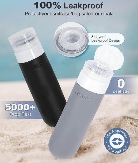 Quatish Travel Bottles for Toiletries, Original Patented Leak Proof Travel Size Toiletries, 3 oz Tsa Approved Silicone Containers, Shampoo and Conditioner Bottles, Travel Essentials, Grey