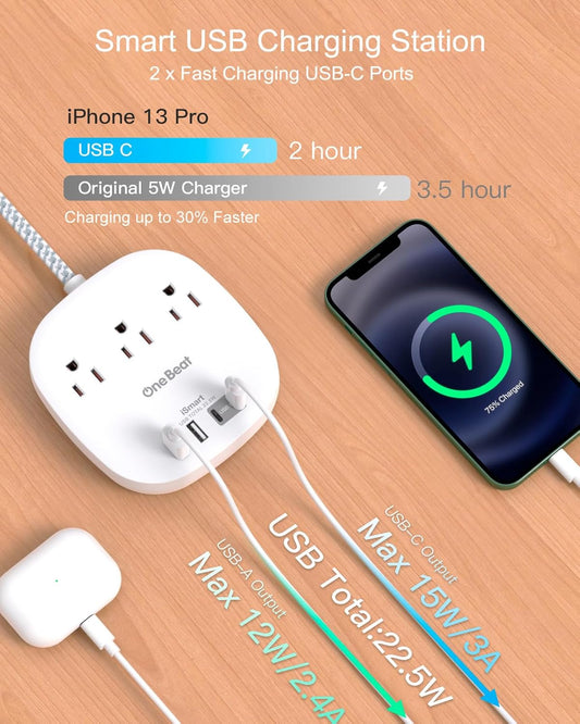 One Beat Flat Plug Power Bar with USB C, 6FT Ultra-Thin Extension Cord, 3 Outlet with 4 USB Ports (2 USB C) Desktop Charging Station, No Surge Protection for Cruise Ship, Travel Essentials, Dorm Room