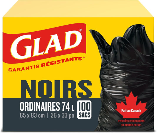 Glad Black Garbage Bags - Regular 74 Litres - Value Pack 100 Trash Bags, Made in Canada of Global Components