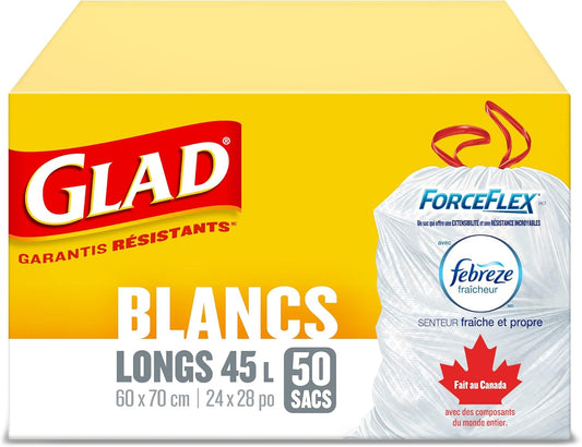 Glad White Garbage Bags - Tall 45 Litres - ForceFlex, Drawstring, with Febreze Fresh Clean Scent, 50 Trash Bags, Made in Canada of Global Components