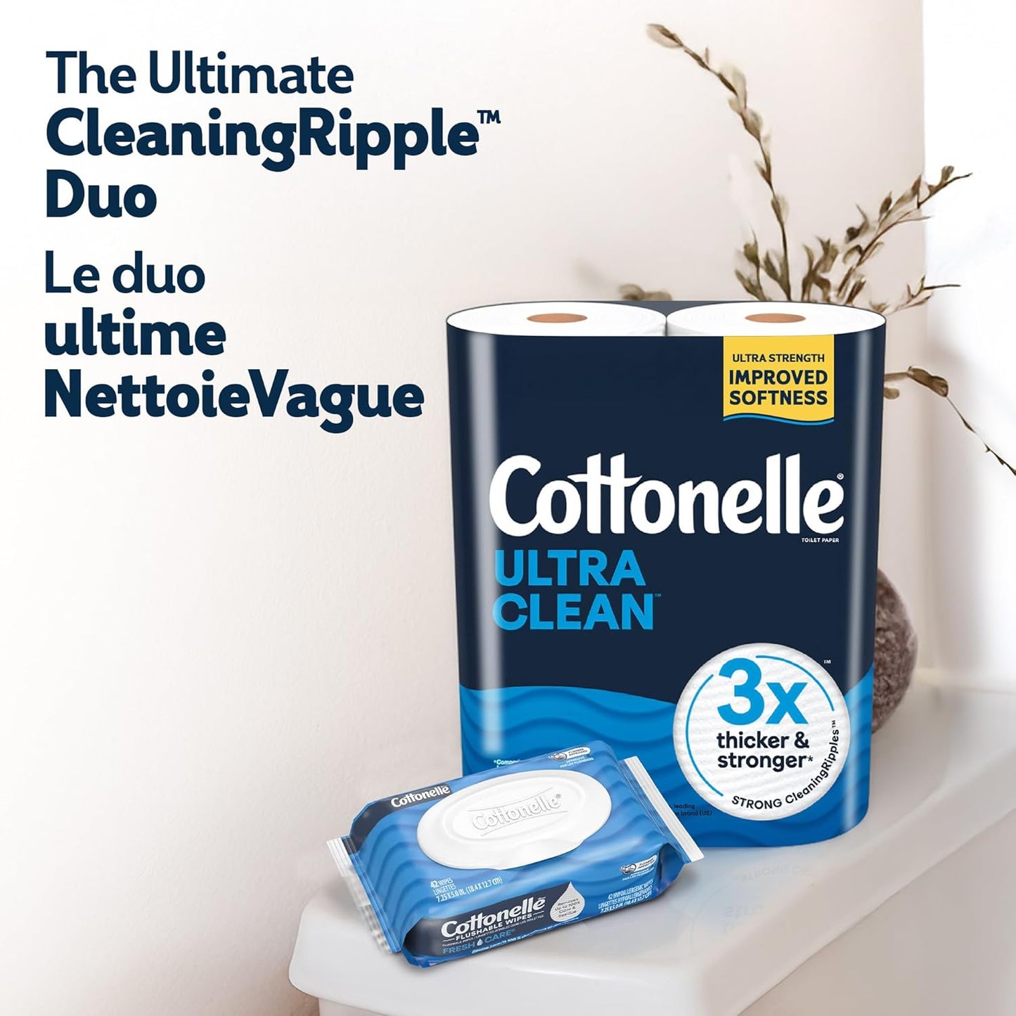 Cottonelle Toilet Paper, 12 Mega Rolls = 48 Regular Rolls, Ultra Clean, Strong Bathroom Tissue, 284 Sheets per Roll, Packaging May Vary