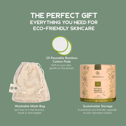 Greenzla Reusable Makeup Remover Pads (20 Pack) With Washable Laundry Bag And Round Box for Storage | Natural Bamboo and Organic Cotton Pads For All Skin Types