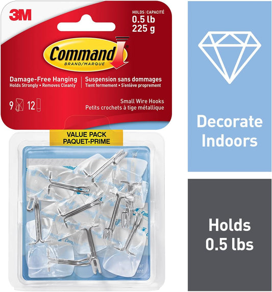 Command Wire Hooks Value Pack, Small, Clear, 9 Hooks 12 Small Strips