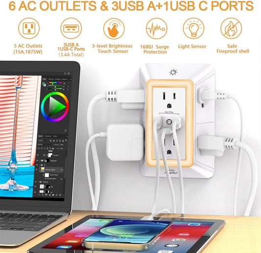 3-Sided Power Bars with Surge Protector, POWRUI 6-Outlet Extender with 3 USB Ports (1 USB C) and Night Light, Multi Plug Outlet and Spaced Outlets Adapter, ETL, White