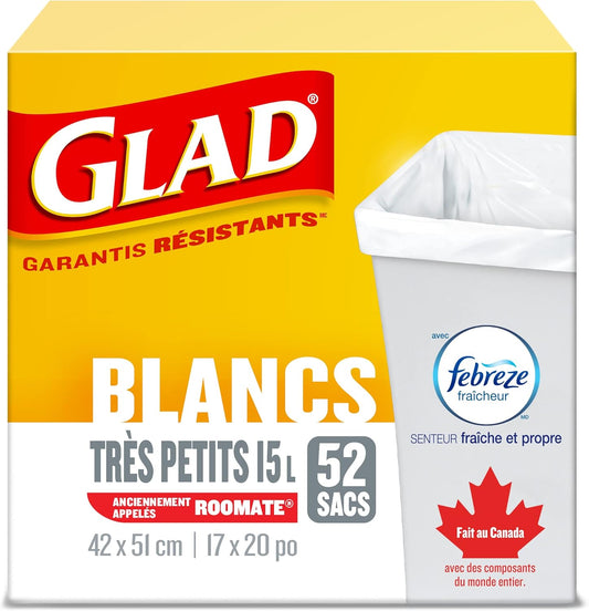Glad White Garbage Bags - X-Small 15 Litres - Febreze Fresh Clean Scent, 52 Trash Bags, Made in Canada of Global Components