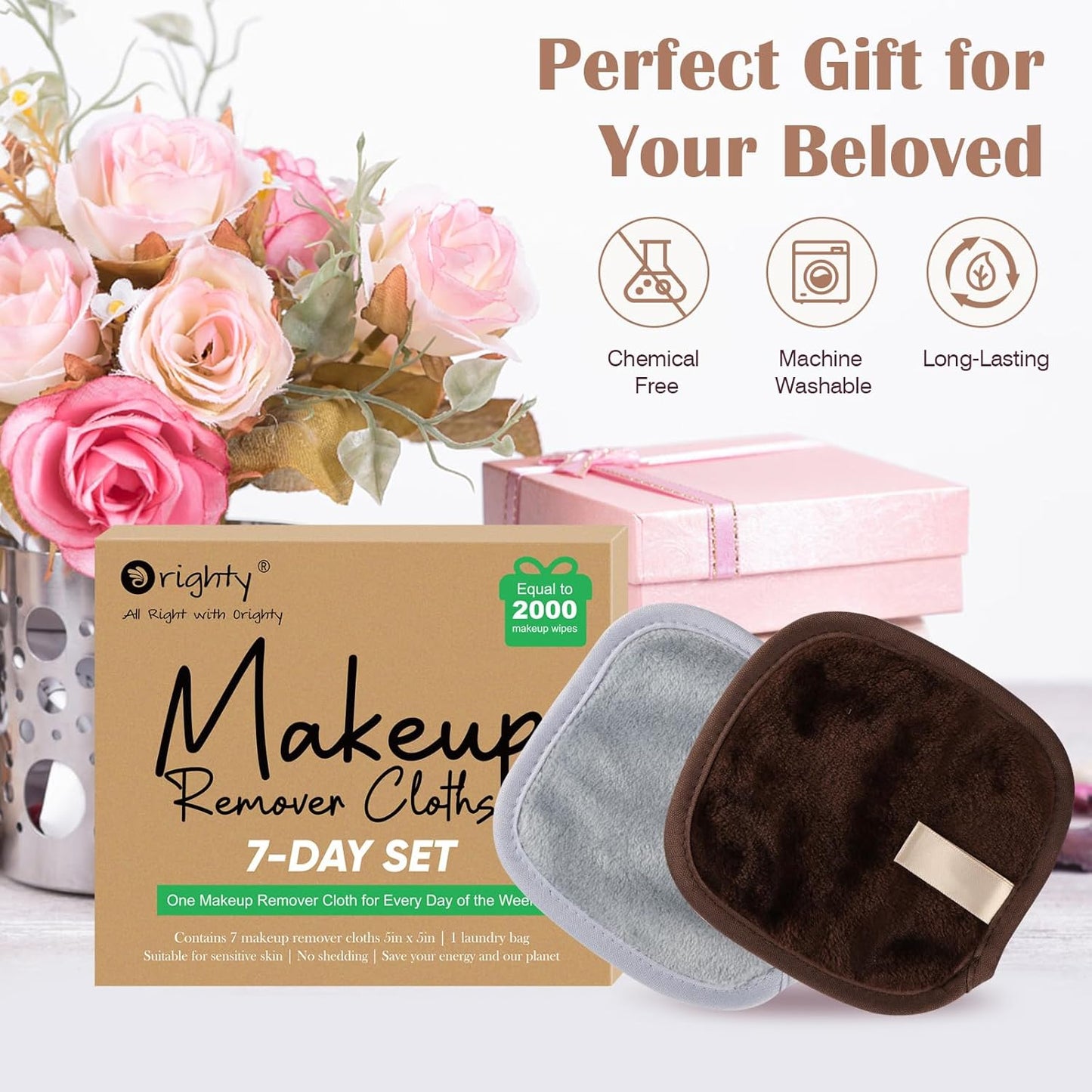 Orighty Makeup Remover Cloths 7-Day Set, Premium & Reusable Makeup Remover Pads, Erase Makeup With Just Water, Makeup Set For Eyes, Lips, Foundation and more, Ideal Choice For Women (Neutrals)