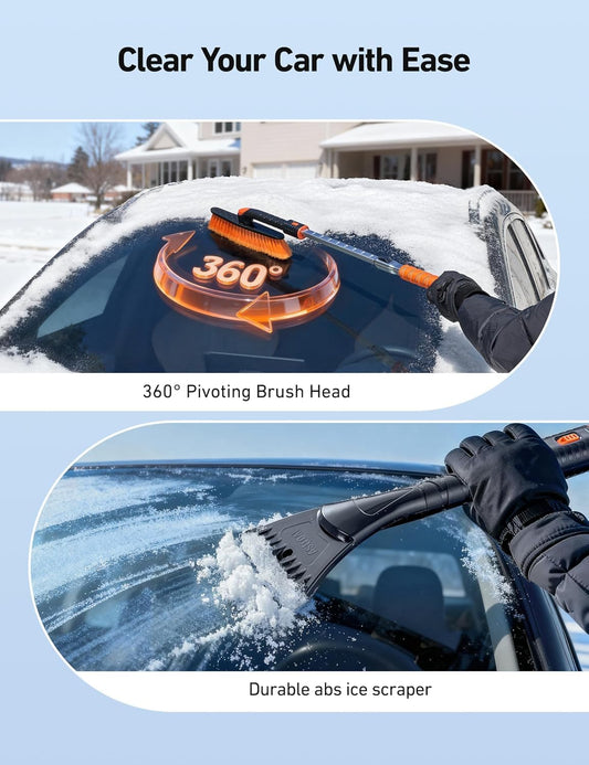 AstroAI 47.2" Extendable Snow Brush for Car Ice Scraper Windshield and Foam Grip with 360° Pivoting Brush Head for Car Auto Truck SUV (Orange)
