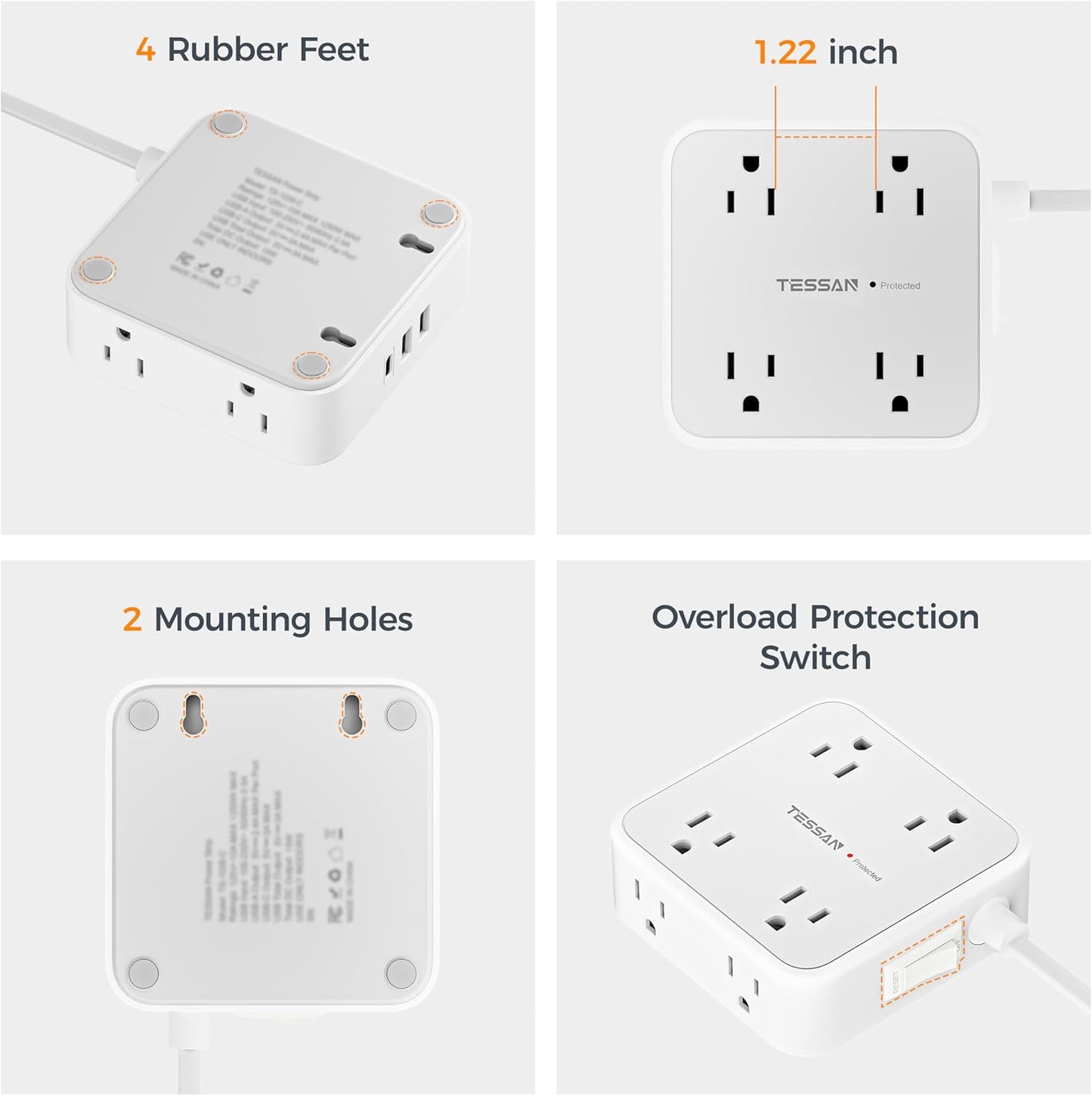 Flat Plug Power Bar, TESSAN 5 Ft Extension Cord Indoor with 8 Multi Outlets and 3 USB (1 USB C), Surge Protector Power Strip, Wall Mount Charging Station for Home Office Dorm, Gray