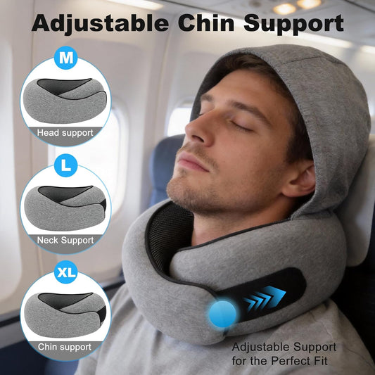 Adjustable Travel Neck Pillow with Hood - Memory Foam Support for Deep Sleep & Neck Pain Relief on Long Flights & Road Trips, Light-Block & Foldable Design for Ultimate Comfort, Grey