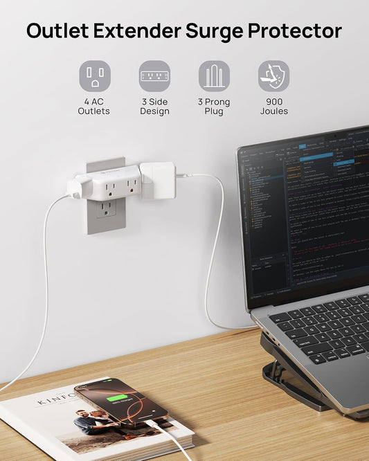 TROND Multi Plug Outlet Extender with Surge Protector, 3 Way Angled Wall Adapter with 4 Outlets, Electrical Wall Splitter, Multiple Plug Expander for Home Office Dorm Room Travel Essentials, White