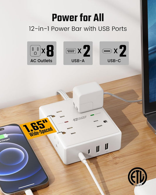 Surge Protector Power Bar, SUPERDANNY 6 Ft Extension Cord with 8 Outlets & 4USB Ports (2 USB 2 C), Mountable Flat Plug Power Strip, Surge Protection for Home, Office, Dorm
