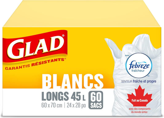 Glad White Garbage Bags - Tall 45 Litres - Febreze Fresh Clean Scent, 60 Trash Bags, Made in Canada of Global Components