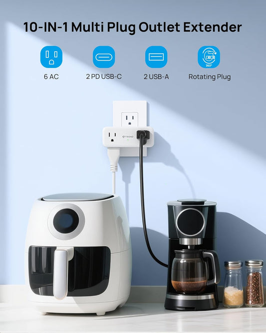 TROND 360° Rotating Plug Surge Protector Outlet Extender, 6 Multi Flat Charging Plug Splitters with 2 PD 20W USB C Ports, 3 Side Electrical Wall Adapter for Home Office Dorm Bathroom Travel Essentials