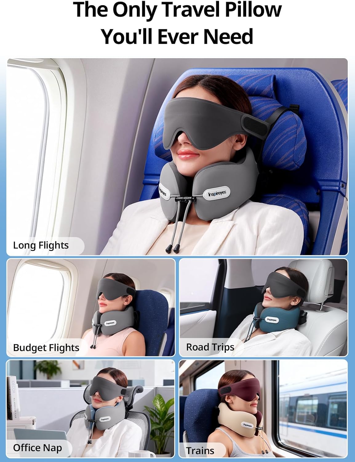Inspireyes Neck Pillow, Travel Pillow with Seat Strap, 3D Sleep Mask, Dual Support Neck and Head, High Supportive Foam Airplane Pillow for Long Flight Road Trip, Stop Bobblehead Travel Essential, Grey