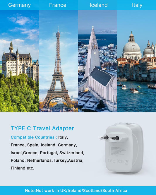2 Pack European Plug Adapter, VINTAR Type C Travel Adapter for Europe with 2 AC Outlets and 4 USB Ports(1 USB C), Europe Travel Essentials Plug Converter for Canada to EU Italy Greece Spain France