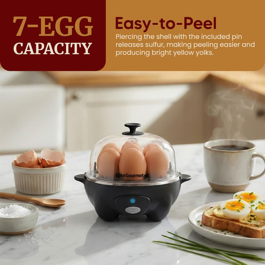 Elite Gourmet EGC-007B# Rapid Egg Cooker, 7 Easy-To-Peel, Hard, Medium, Soft Boiled Eggs, Poacher, Omelet Maker, Auto Shut-Off, Alarm, 16-Recipe Booklet, BPA-Free, Black