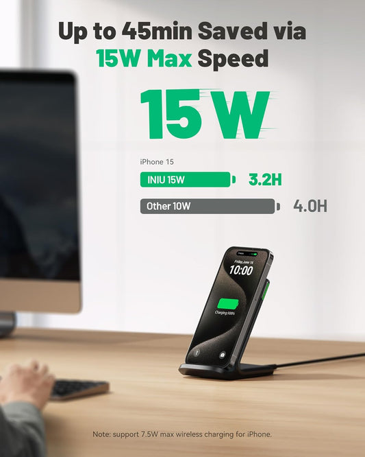 INIU Wireless Charger, 15W Fast Wireless Charging Stand with Sleep-Friendly Adaptive Light for iPhone 17 16 15 14 13 12 Pro Max Plus Samsung Galaxy S23 S22 Ultra S21 Note 20 Google etc