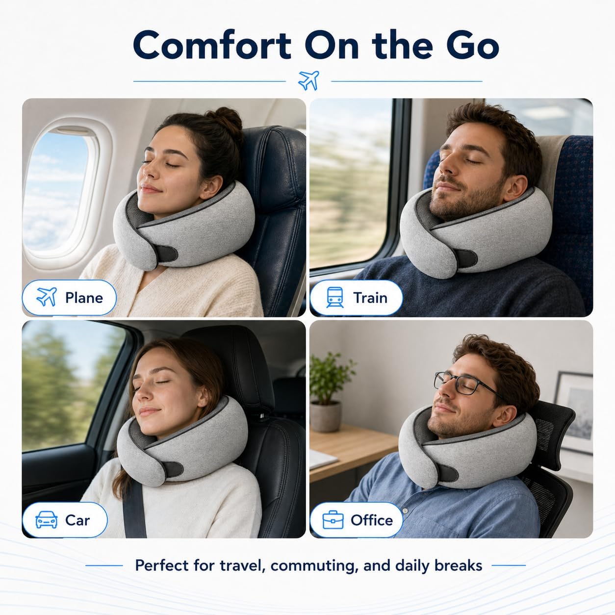 Purroch Neck Pillow Airplane, Travel Pillow with Eye Mask & Earplugs, Memory Foam Pillow with Adjustable Velcro Strap, Pillows for Travel, Plane, Car, Home, Work, Light Grey