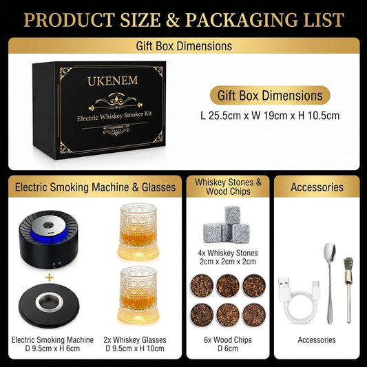 Electric Whiskey Smoker Kit,Rechargeable Cocktail Smoker Kit with 2 * 360° Rotating LED Whiskey Glass, 4*Ice Wine Stone and 6*Wood Chips, Bourbon Whiskey Gift Ideas for Men/Dad/Husband