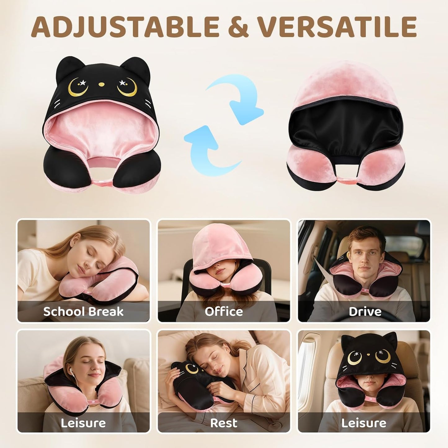 Mewaii Travel Neck Pillow with Hood for Airplanes,Memory Foam,Breathable Ice Silk & Soft Velvet,Double-Sided,Removable to Clean,Adjustable Strap,Portable Travel Pillow for Long Flights Adults & Teens