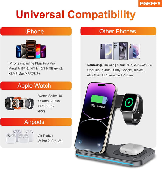 Wireless Charger, 3 in 1 Charging Station, Fast Charging Station Foldable Charging Stand, Wireless Charging Station for Multiple Devices, Compatible with lPhone 17/16/15/14/13 Pro Max Airpods Watch