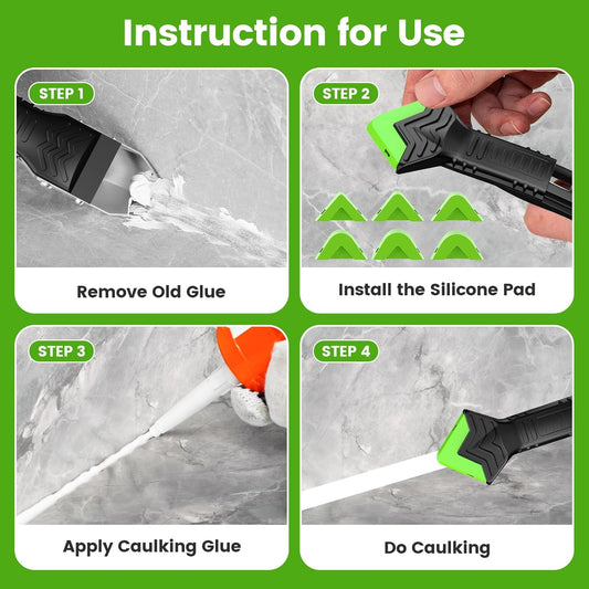 Caulking Tool 5 in 1 Silicone Caulking Grout Removal Sealant Finishing Tool with Grout Scraper, 6 Exchange Silicone Pads, Adhesive Residue Scraper Seam Repair Kit for Kitchen Bathroom