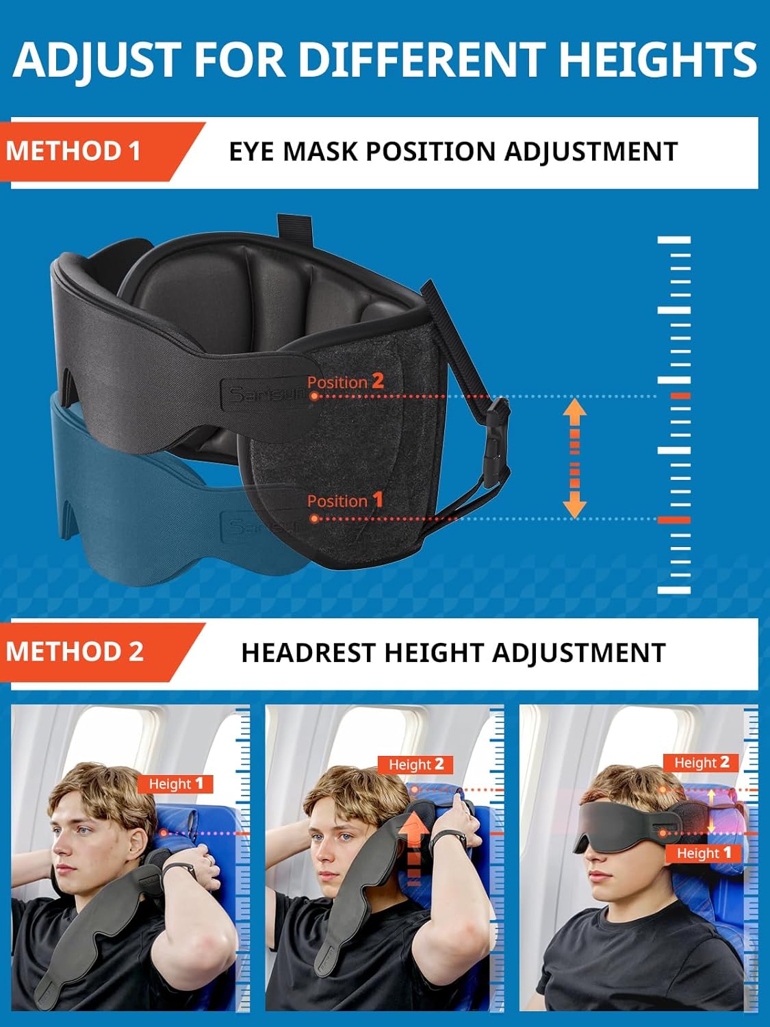SARISUN Travel Pillow, Neck Pillow with Eye Mask, Airplane Pillow for Long Flight Sleeping Travel, Kids Travel Pillow for Car, Road Trip Car Headrest, Stop Bobblehead, Neck Pain Relief, Black