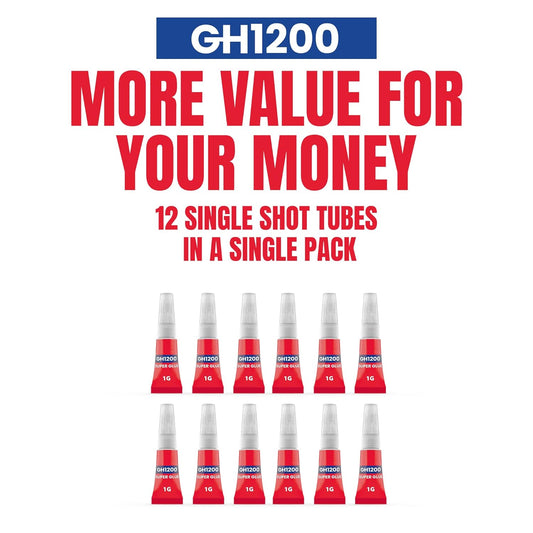 GH1200 Super Glue All Purpose 1g(12 Pack) with Pin Point Nozzle. Super Fast, Thick & Strong Adhesive Superglue General Strong for Hard Plastic, DIY Craft, Rubber, Metal, Leather and Many More