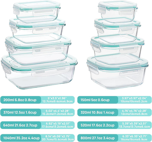 Vtopmart 8 Pack Glass Container Food Storage, Meal Prep Containers, Airtight Lunch Boxes with Leak Proof Locking Lids, for Microwave, Oven, Freezer and Dishwasher, Green