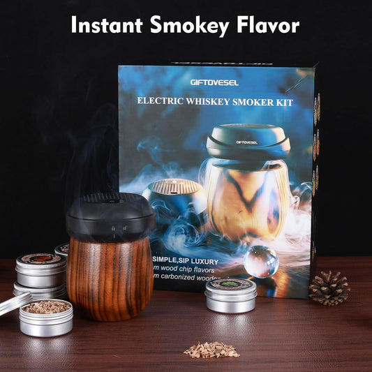 Electric Whiskey Smoker Kit with Unique Charred Wooden Glasses, Cocktail Bourbon Smoker with 6 Flavors Wood Chips, Instant Smoke Output – Ideal Gift for Cocktail & Whiskey Lovers